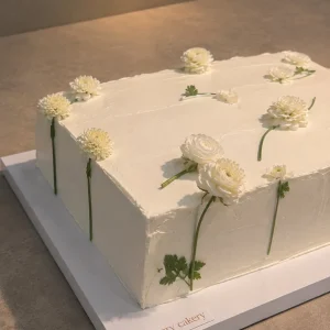 Lovery Cakery beyaz çiçekli kare nişan pastası, ranunculus ve krizantem süslemeli