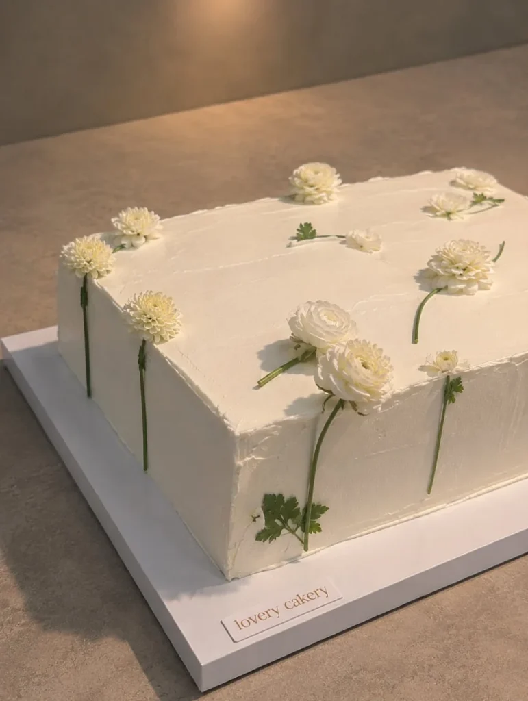 Lovery Cakery beyaz çiçekli kare nişan pastası, ranunculus ve krizantem süslemeli